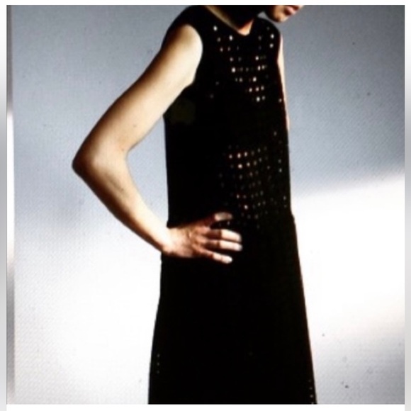 Sara Lanz Designer Black Virgin Wool Cut Out Perforated Overlay Pleated Dress S - Picture 2 of 13